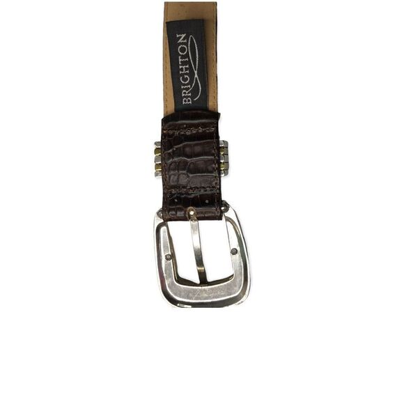 Brighton Croc Embossed Brown Leather Belt with Silver & Gold Tone Buckle Size S - Picture 4 of 7